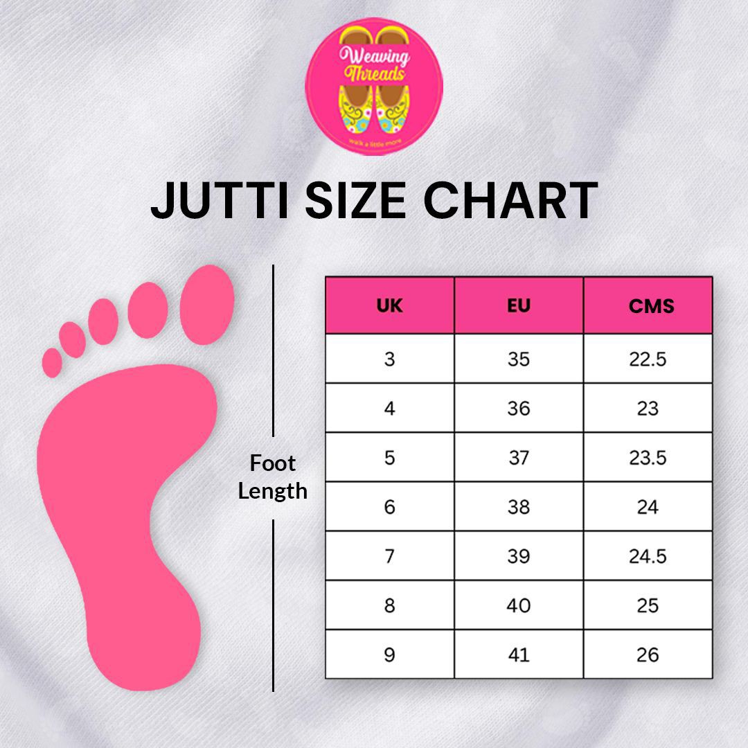 Weaving Threads jutti size chart with UK foot sizes and corresponding foot length
