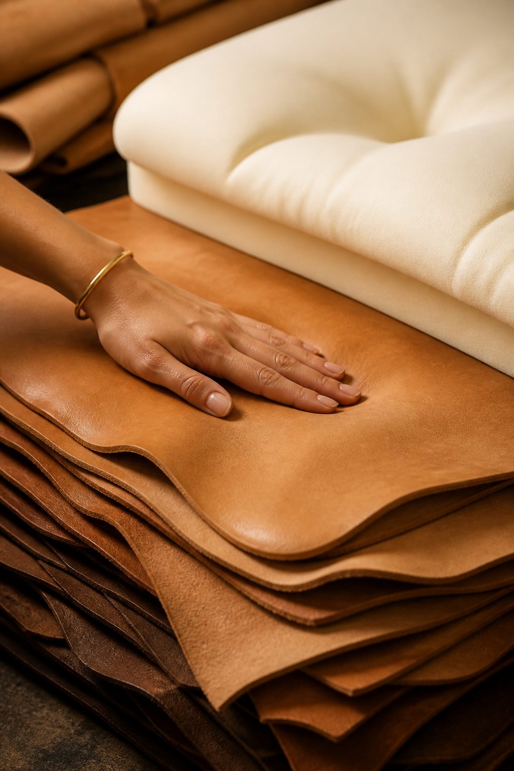 A hand pressing soft vegetable-tanned leather stacked with a cushioned pad