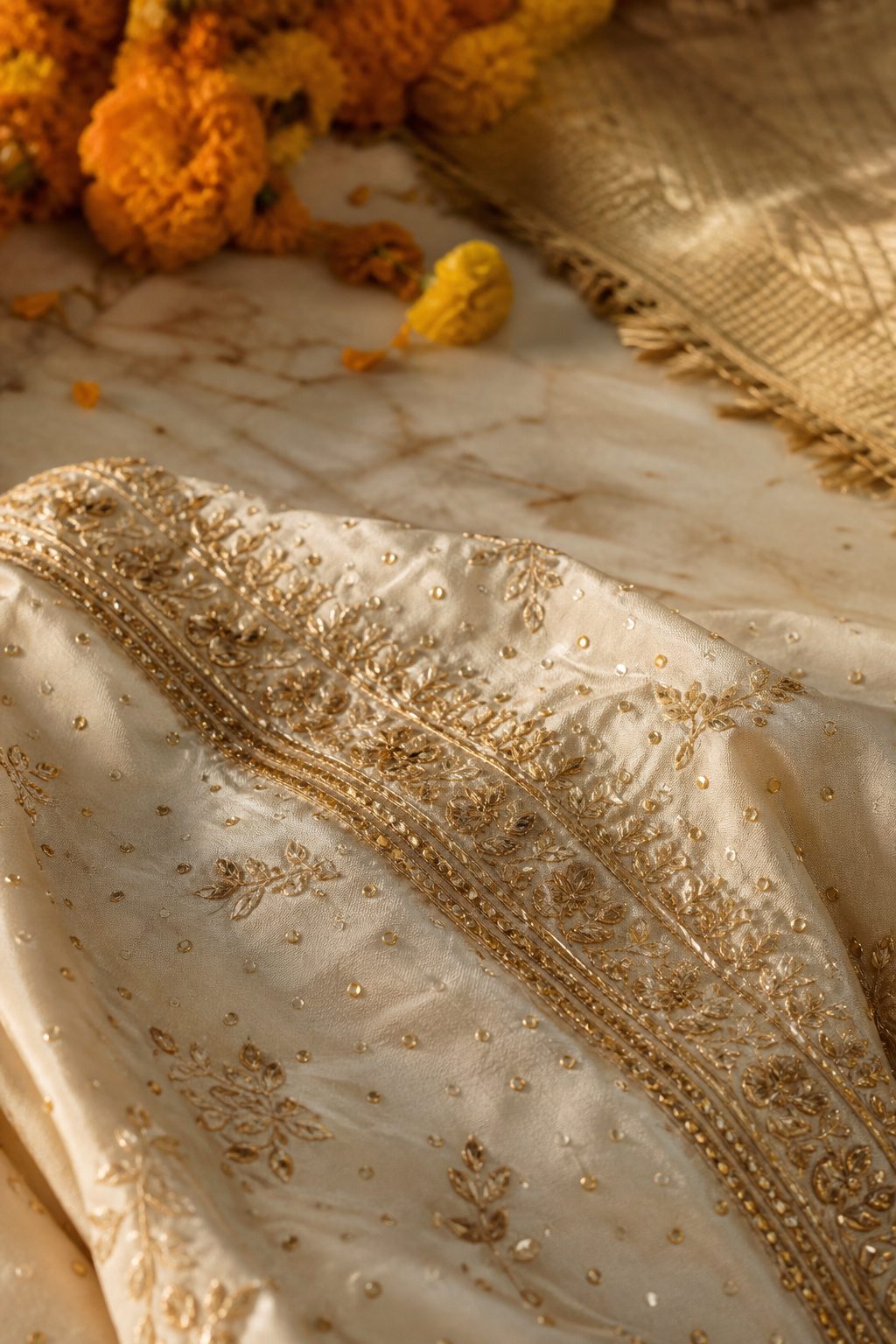 Gold tilla and mukaish embroidery on ivory silk with marigolds