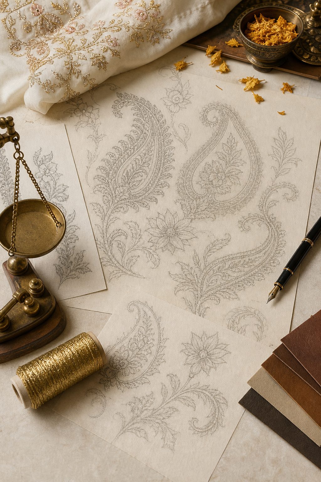 Paisley embroidery sketches, gold thread, and leather swatches on a designer’s desk