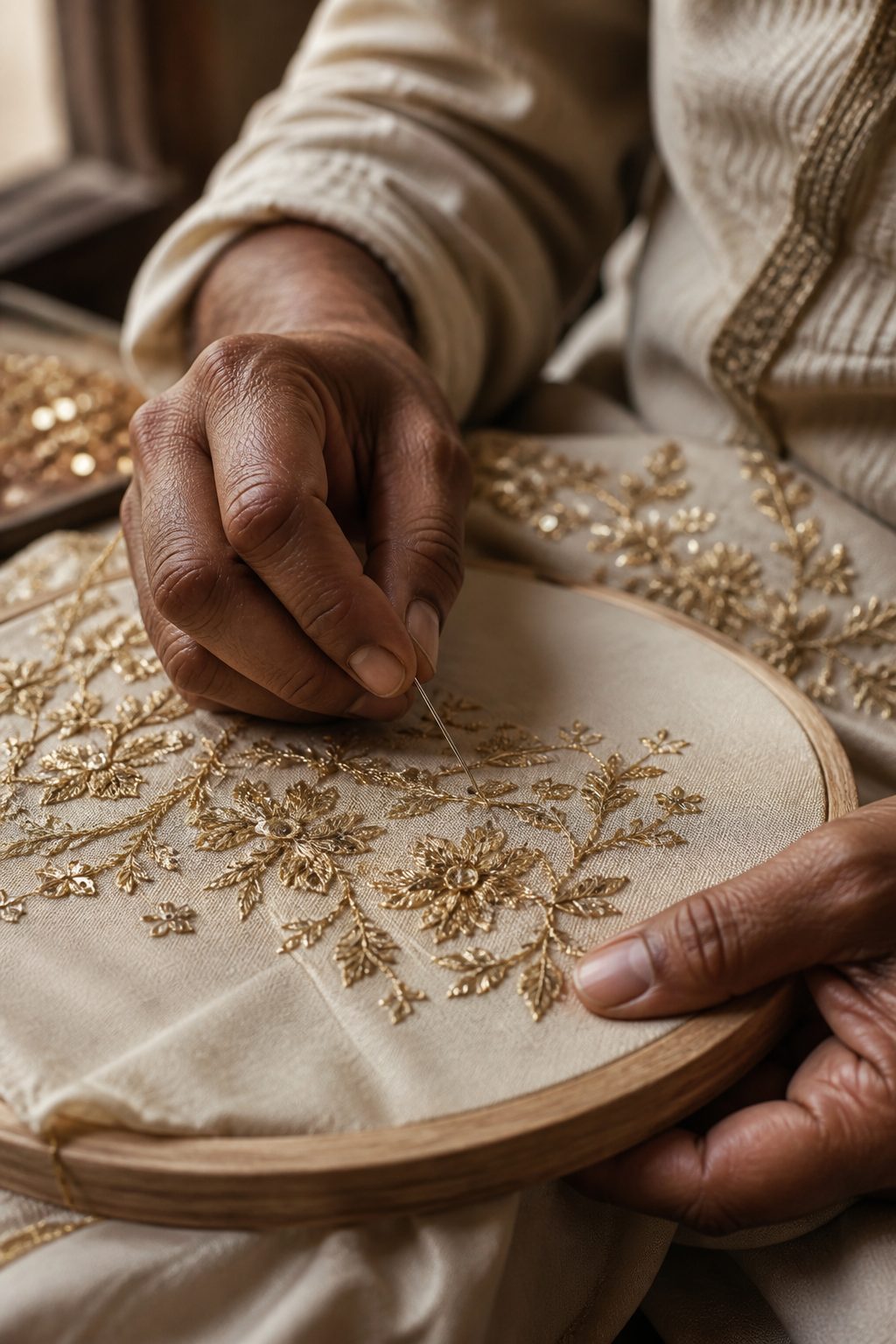 Artisan hands embroidering gold zari florals onto cream silk